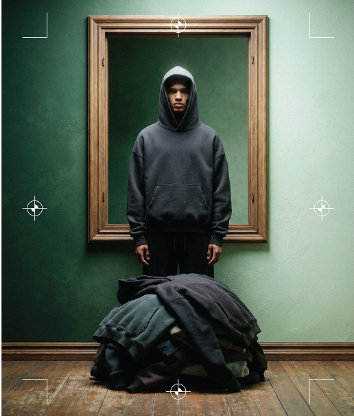 Charcoal Basico Branco oversized hoodie displayed beside neatly stacked blank apparel in a modern green studio.