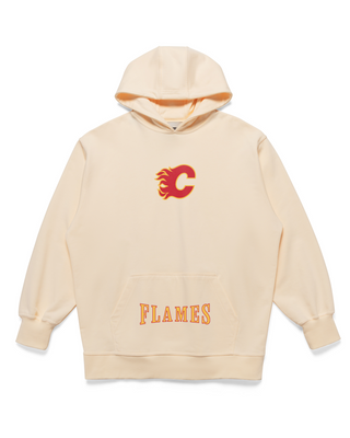 Basico Branco Calgary Flames cream hoodie with front Flames logo and embroidered text on kangaroo pocket.