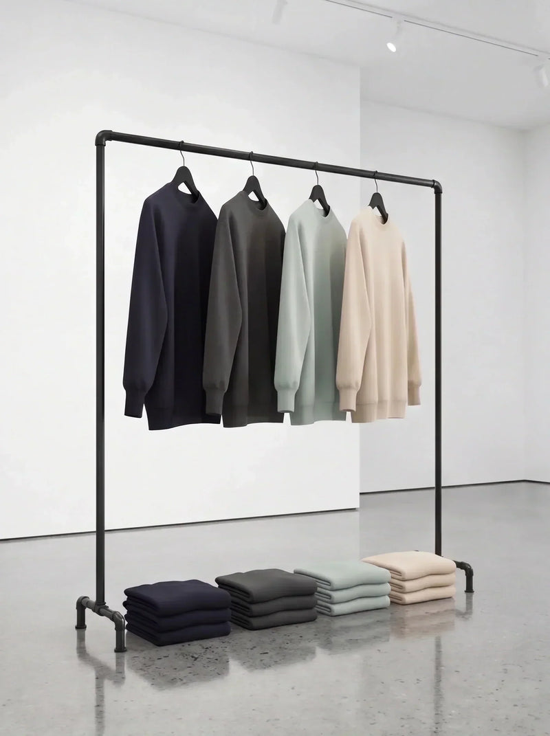 Four sweatshirts displayed on black pipe rack with folded sweatshirts below in navy, charcoal, sage, and cream.