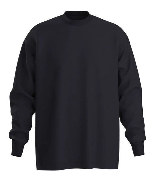 Basico Branco Oversized Crewneck Long Sleeve Tee in black, front view on plain background.