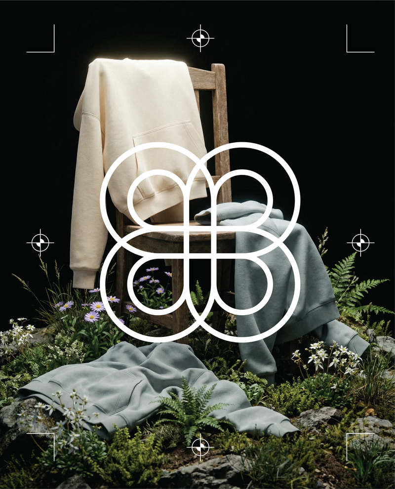 Basico Branco organic cotton sweatshirts styled on a wooden chair in a lush outdoor setting, showcasing premium wholesale apparel.