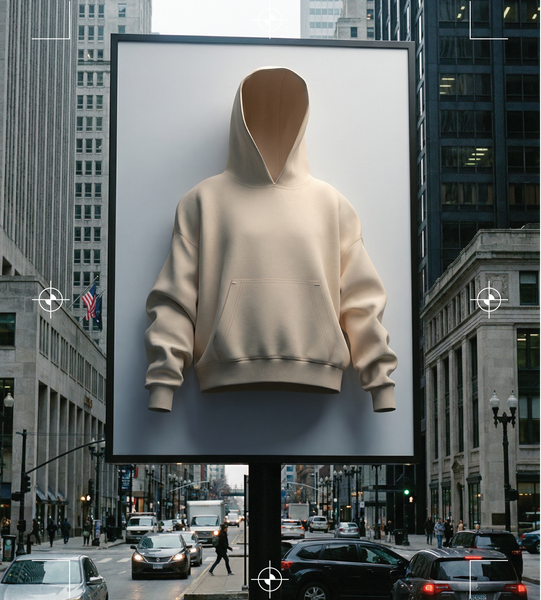 Cream hoodie by Basico Branco displayed on urban billboard in city street setting.