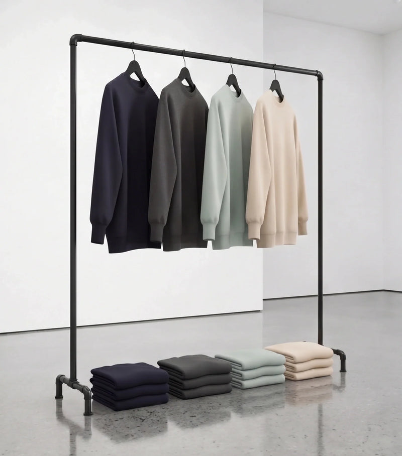 Four sweatshirts displayed on black pipe rack with folded sweatshirts below in navy, charcoal, sage, and cream