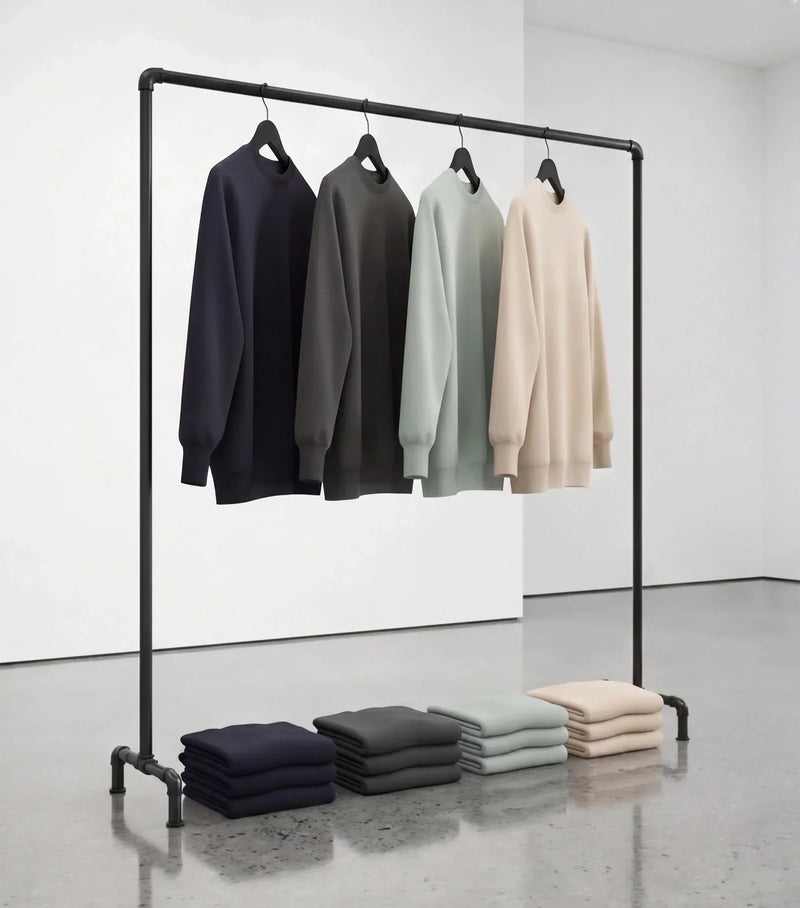 Four sweatshirts displayed on black pipe rack with folded sweatshirts below in navy, charcoal, sage, and cream.
