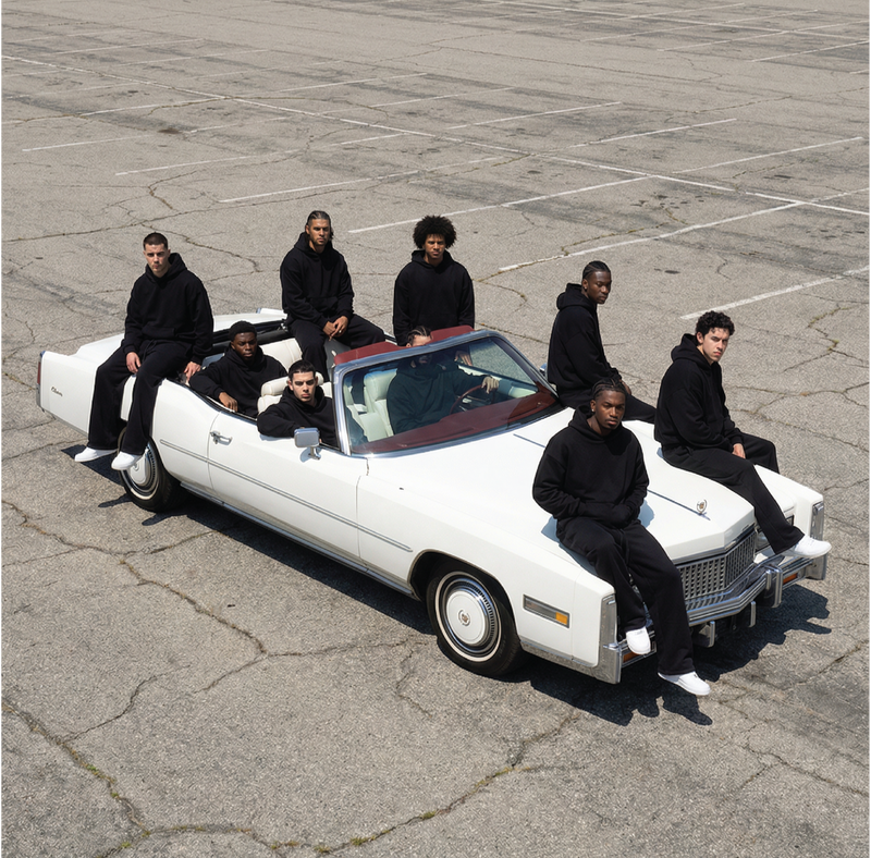Group wearing black hoodies and joggers by Basico Branco posed on a white convertible in an empty parking lot. 