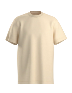 Básico Branco oversized beige short-sleeve crewneck t-shirt made from premium organic cotton, displayed on a white background.
