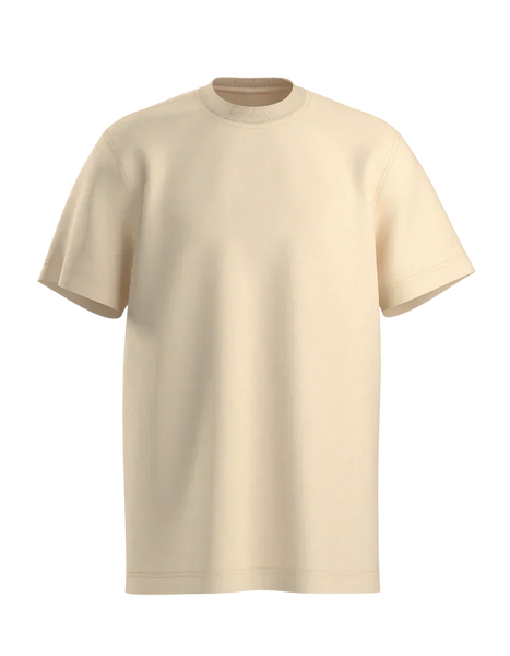 Básico Branco oversized beige short-sleeve crewneck t-shirt made from premium organic cotton, displayed on a white background.