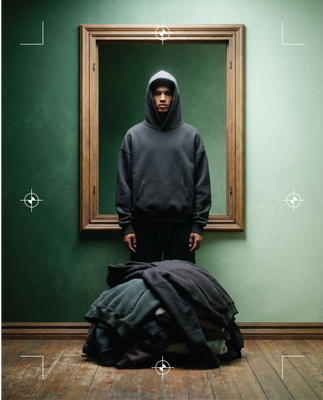 Basico Branco charcoal hoodie worn beside stacked apparel in a green studio.