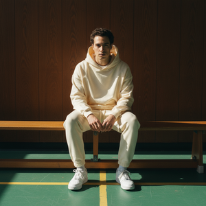 Basico Branco cream hoodie and joggers worn by a model sitting on a bench in natural light.