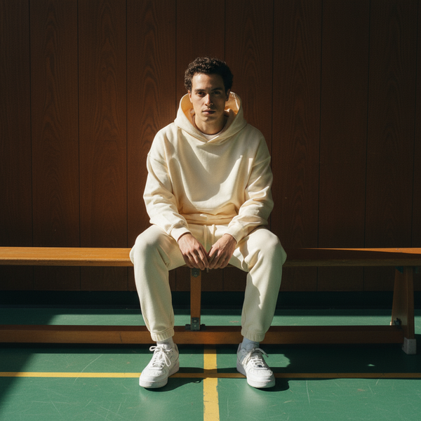 Basico Branco cream hoodie and joggers worn by a model sitting on a bench in natural light.
